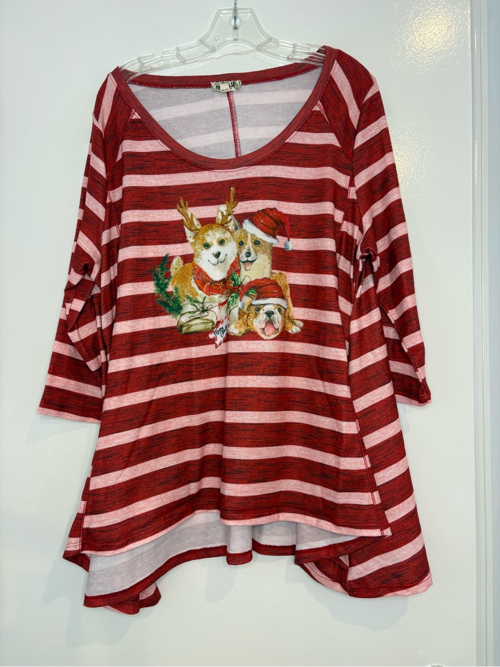 ONE WORLD WOMEN'S Y2K STRIPED TOP SIZE 2X RED CHRISTMAS DOG RHINESTONES